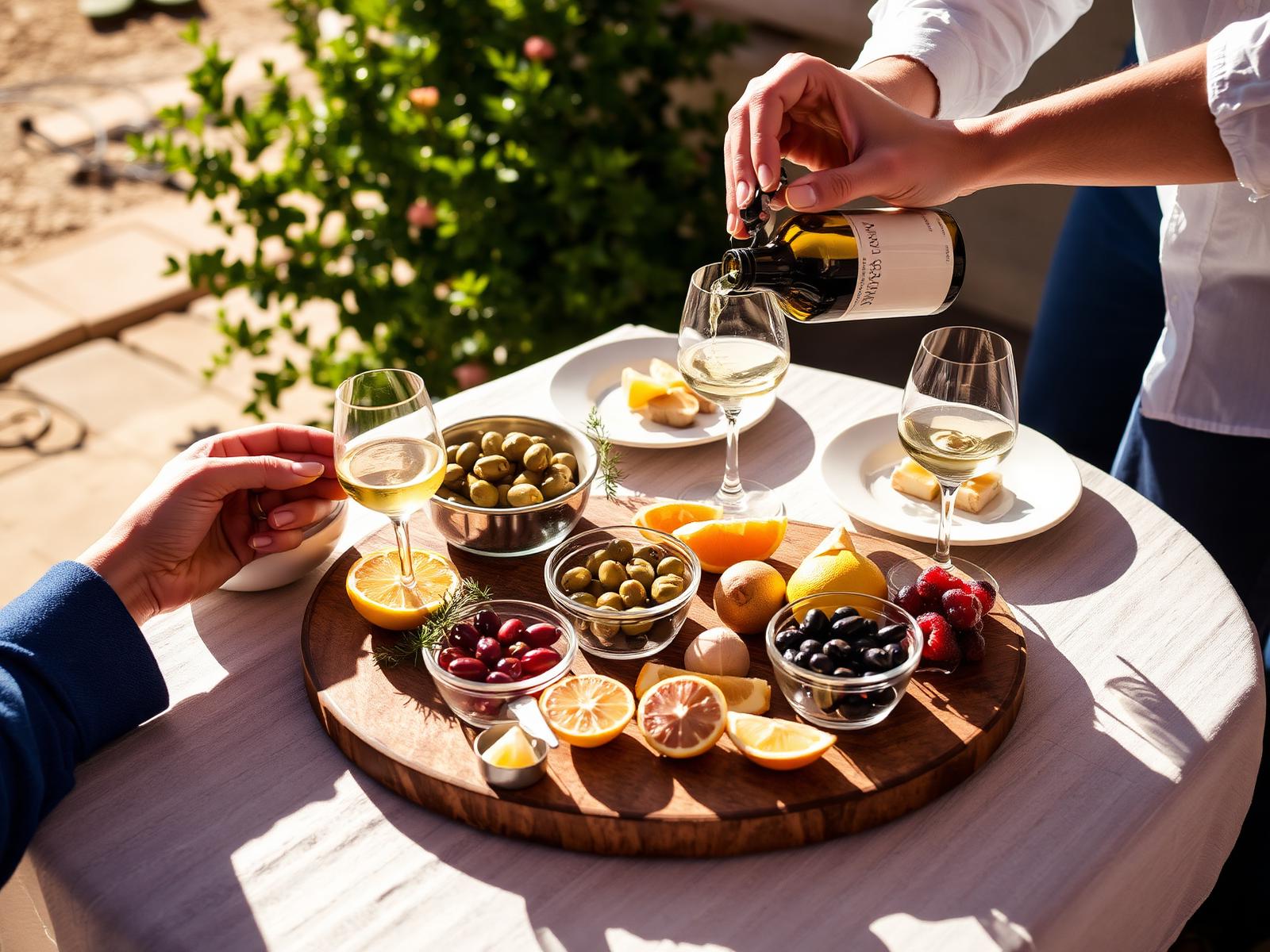 Aperitivo spread with olives and wine