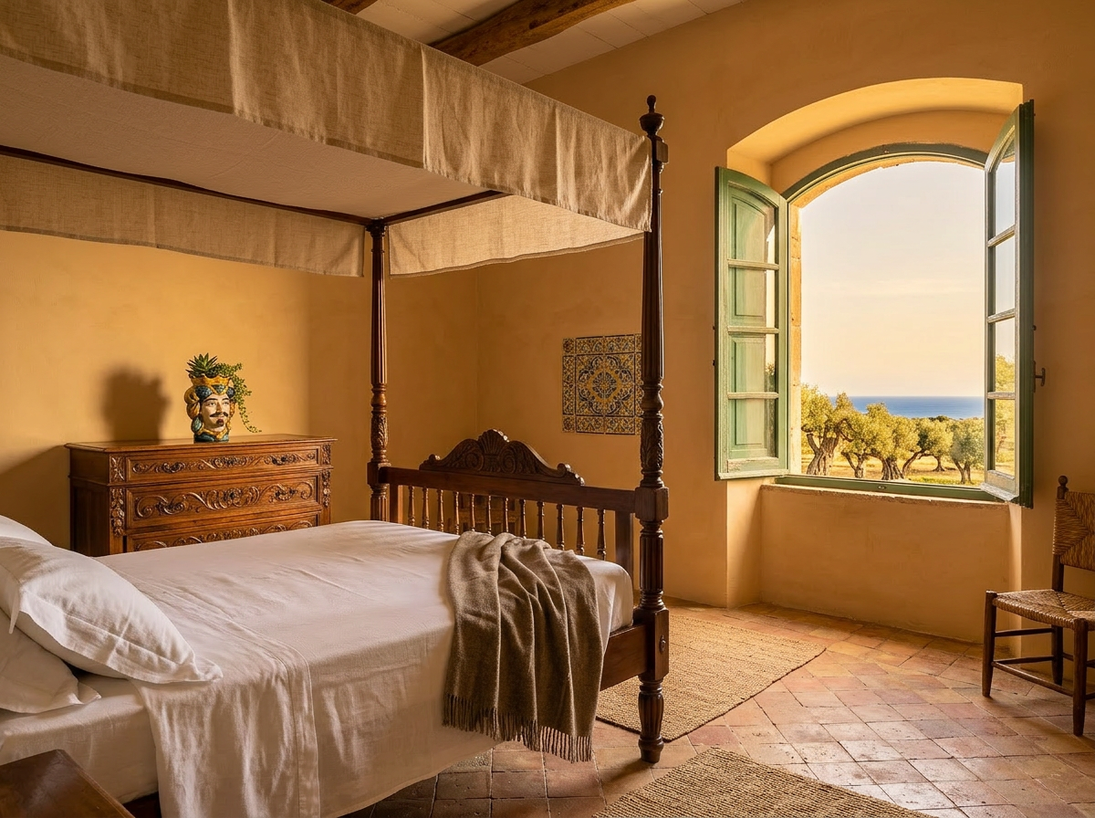 Villa Donna Luigia bedroom with garden view and striped walls