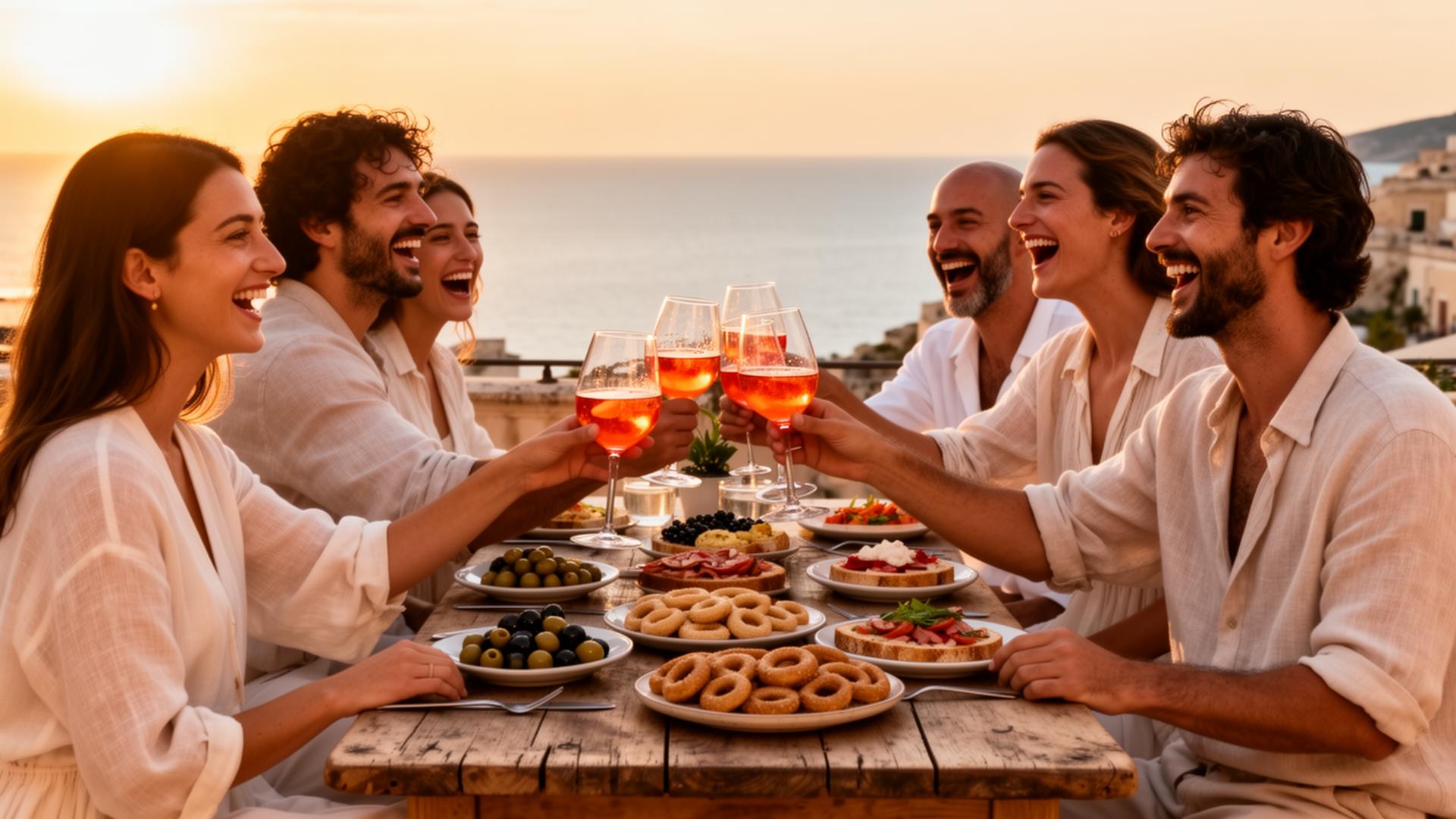 Group sharing a Sicilian aperitivo at sunset