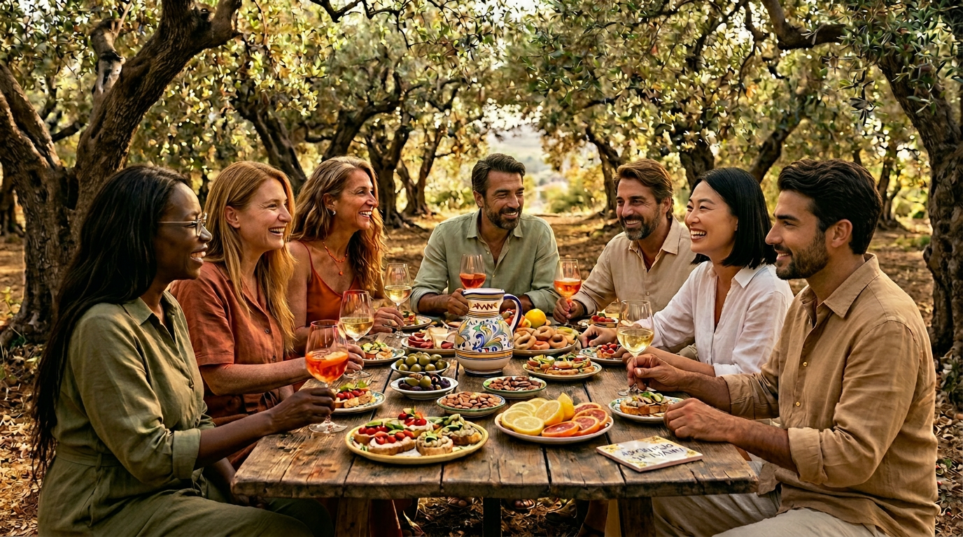 Group sharing a Sicilian aperitivo at sunset