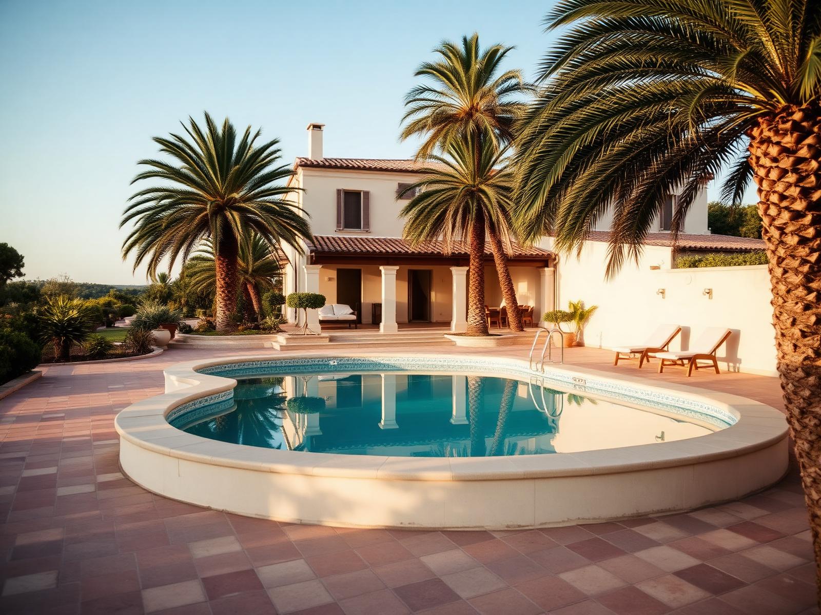 Mediterranean villa with pool and palm trees