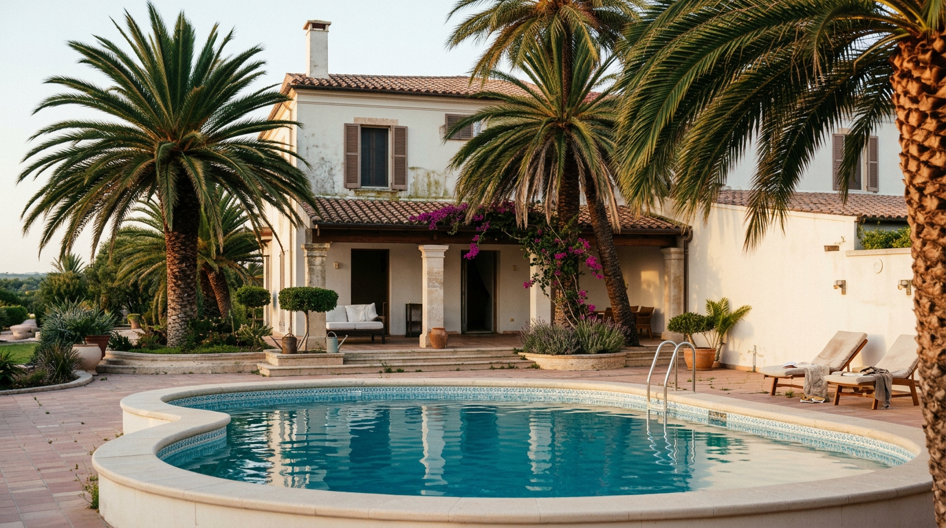 Mediterranean villa with pool and palm trees